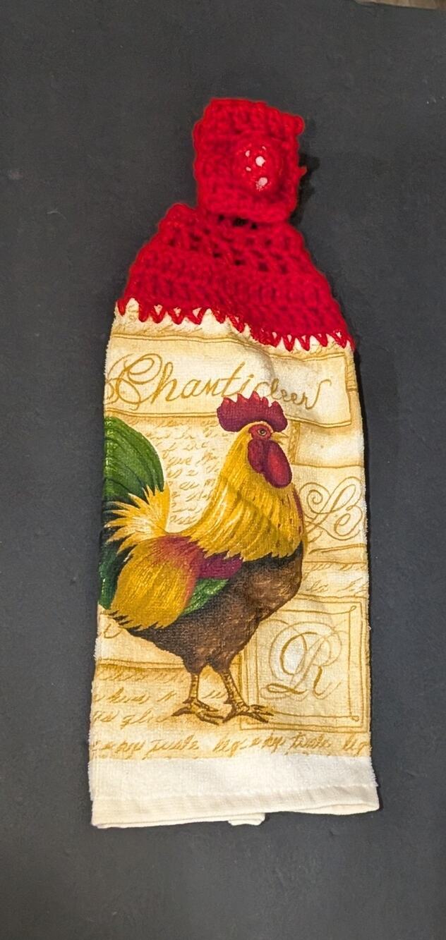 Vintage Chanticleer Rooster Crochet Hanging Kitchen Hand Towel Red Boho